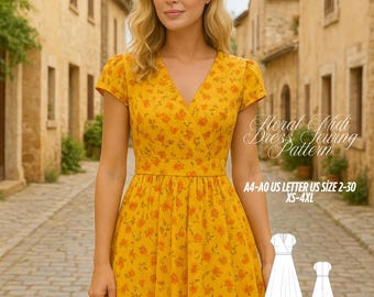 Floral Midi Dress Sewing Pattern: A-Line Summer Dress (XS-4XL) (Digital Download)