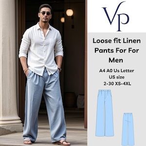 Könnte beinhalten: Ein digitales Schnittmuster für eine lockere Leinenhose. Das Schnittmuster umfasst zwei Ansichten: eine mit weitem Bein und eine mit schmalem Bein. Das Schnittmuster ist in den Größen XS-4XL erhältlich.