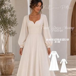 Peut inclure: Une robe crème à manches longues avec un décolleté en cœur et des manches bouffantes. Le texte indique : Victoria Pattern, Panel Dress Sewing Pattern, A4-A0 US LETTER US SIZE 2-30 XS-4XL. Inclut un dessin technique du devant et du dos.