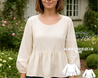 Peplum Blouse Sewing Pattern: Cottagecore Long Sleeve Top (PDF Digital Download, XS-4XL)
