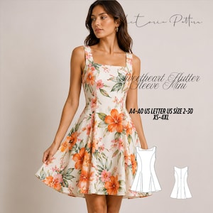 May include: A mini dress with a sweetheart neckline and wide straps, featuring an off-white base with an orange and green floral print. Text reads Victoria Pattern, Sweetheart Flutter Sleeve Mini, A4-A0 US LETTER US SIZE 2-30 XS-4XL.
