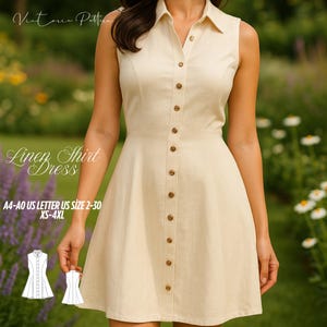 Könnte beinhalten: Ein ärmelloses, cremefarbenes Leinenhemdkleid mit Knopfleiste und Kragen. Das Kleid hat ein figurbetontes Oberteil und einen A-Linien-Rock. Der Text "Linen Shirt Dress" ist sichtbar, zusammen mit Größenangaben.