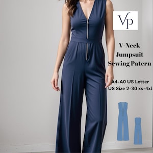 May include: A sewing pattern for a V-neck jumpsuit. The pattern is available in sizes 2-30 and XS-4XL. The pattern is printed on A4-A0 US Letter paper.