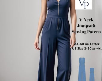 Wide Leg Jumpsuit Sewing Pattern: V-Neck Dungaree, XS-4XL (Digital PDF)