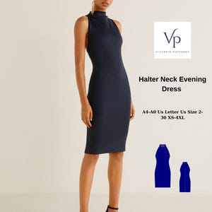 May include: A navy blue halter neck evening dress with a mock neck. The dress is fitted and has a midi length. The dress is shown on a model. The image also includes a diagram of the dress in blue.