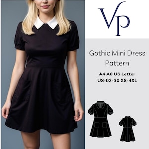 Pode incluir: Um vestido preto mini com um colarinho branco Peter Pan e dois bolsos. O vestido é mostrado em uma modelo. O texto na imagem diz "Gothic Mini Dress Pattern A4 A0 US Letter US-02-30 XS-4XL".