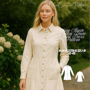 May include: A woman wearing a long-sleeve button-down shirt dress in a light beige color. The dress has a collared neckline, button closures, and two front pockets. The image includes the text "Long Sleeve Button Down Shirt Dress Pattern" and size information.