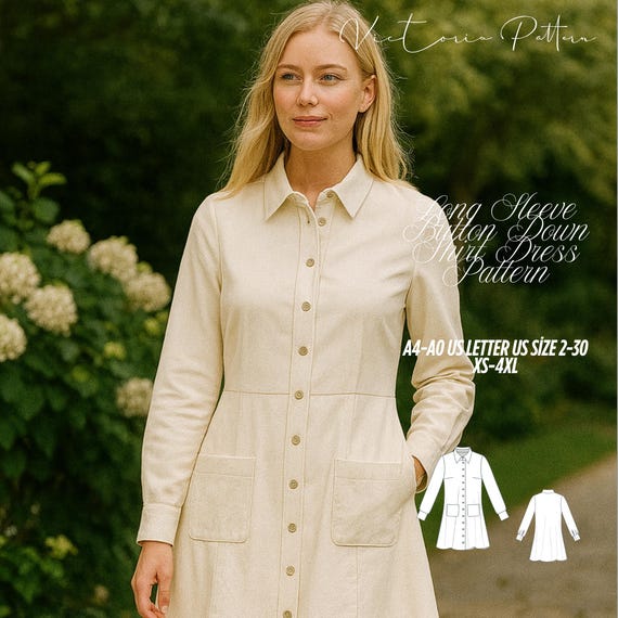 Long Sleeve Button Down Shirt Dress Pattern: XS-4XL (digital Download) -  Etsy