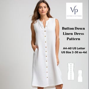 May include: A white linen button-down dress sewing pattern. The pattern includes sizes 2-30 and XS-4XL. The pattern is available in A4, A0, and US Letter sizes. The pattern is for a sleeveless dress with a V-neckline and a button-down front.