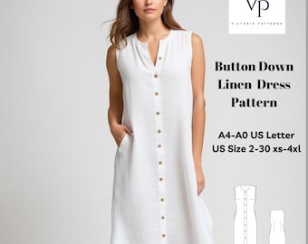 Puede incluir: Un patrón de costura para un vestido de lino blanco con botones. El patrón incluye las tallas 2-30 y XS-4XL. El patrón está disponible en tamaños A4, A0 y US Letter. El patrón es para un vestido sin mangas con cuello en V y un frente abotonado.
