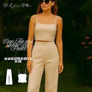 Two Piece Crop Top and Wide Leg Pants Sewing Pattern – Summer Set, High Waist Trousers and Sleeveless Top, Beginner Friendly, XS-4XL
