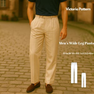 Könnte beinhalten: Beige Hose mit weitem Bein und Bundfalten, kombiniert mit einem marineblauen Oberteil und braunen Loafern. Die Hose hat einen Knopfverschluss und Gürtelschlaufen. Der Text auf dem Bild lautet "Victoria Pattern" und "Men's Wide Leg Pants". Größen: 35 bis 56, XS bis 4XL.