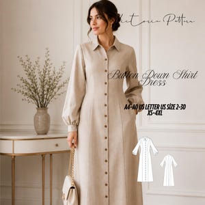 May include: A beige button-down shirt dress with long sleeves and a collared neckline. The dress features a row of buttons down the front and pockets. The text on the image reads "Victoria Pattern Button Down Shirt Dress" and "A4-AO US LETTER US SIZE 2-30 XS-4XL".