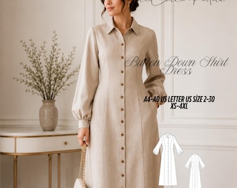 Button Down Shirt Dress Sewing Pattern, Long Sleeve Maxi, Princess Seam (PDF Download)