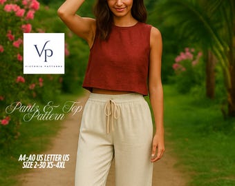 May include: A woman wearing a rust-colored crop top and beige drawstring pants. The image includes the text "Pants & Top Pattern" and "A4-A0 US LETTER US SIZE 2-30 XS-4XL". The logo "Vp" is also visible.