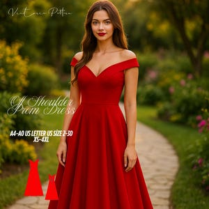Peut inclure: Robe de bal rouge à épaules dénudées, avec un décolleté en V et une jupe évasée. L'image contient le texte "Off Shoulder Prom Dress" et des informations de taille. La robe est présentée dans un cadre de jardin.
