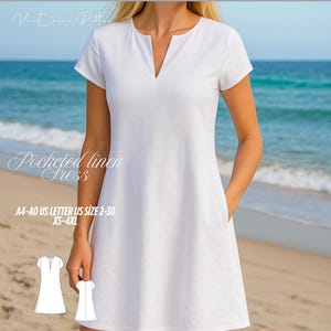 Puede incluir: Un vestido de lino blanco con mangas cortas y escote en V. El vestido tiene bolsillos y se muestra en una persona de pie en una playa. El texto de la imagen dice "Pocketed linen dress" y "A4-A0 US LETTER US SIZE 2-30 XS-4XL".