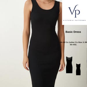 Könnte beinhalten: Ein schwarzes ärmelloses Kleid mit Rundhalsausschnitt. Das Kleid ist aus geripptem Stoff und hat eine figurbetonte Silhouette. Das Kleid wird an einem Model gezeigt. Das Bild enthält auch Text, der "Basic Dress" und "A4-A0 Us Letter Us Size 2-30 XS-4XL" lautet.