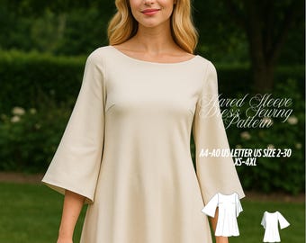 Flared Sleeve Mini Dress Sewing Pattern: A-Line Bell Sleeve (US 2-30) (Digital Download)