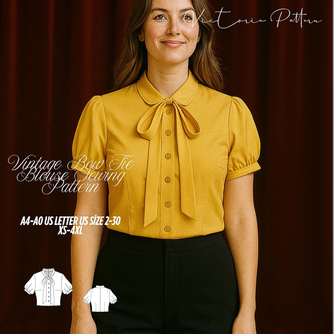 Vintage Bow Tie Blouse Sewing Pattern – Puff Sleeve (PDF Pattern) - Etsy