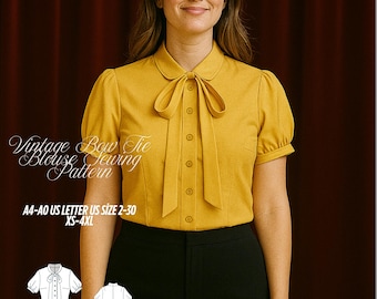 Vintage Bow Tie Blouse Sewing Pattern – Puff Sleeve (PDF Pattern)