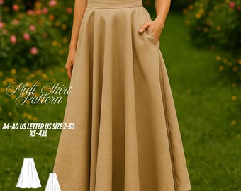 Midi Skirt Sewing Pattern: Women's XS-4XL (PDF Pattern, A4/A0/US Letter Compatible)