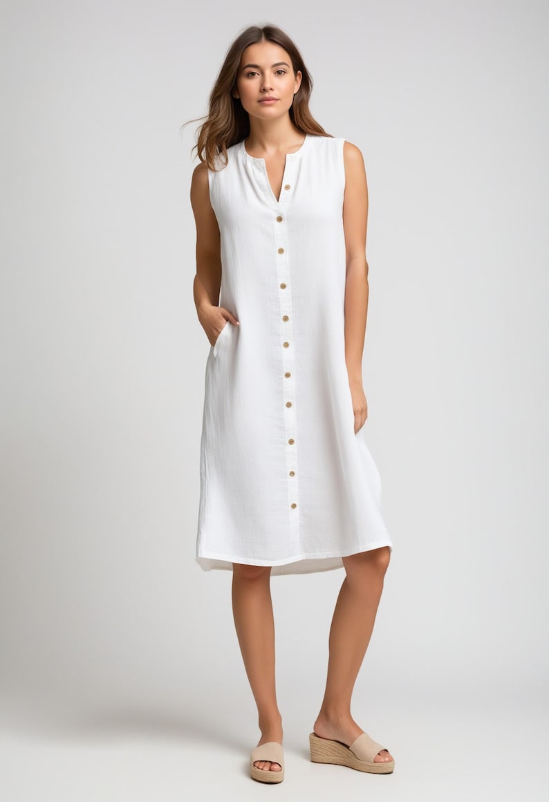 Pistache Button Down Linen Tunic Dress- White main image 1