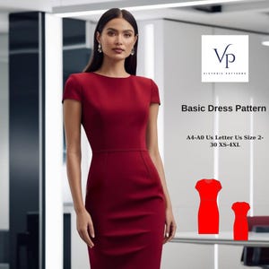 May include: A woman wearing a burgundy-colored dress with short sleeves and a round neckline. The dress is a basic dress pattern from Victoria Patterns, available in sizes 2-30 (XS-4XL). The image includes the Victoria Patterns logo and dress pattern illustrations.