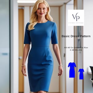 May include: A blue basic dress pattern for sizes XS-4XL. The pattern includes instructions for sewing a dress with a round neckline and short sleeves. The pattern is available in sizes A4-A0.