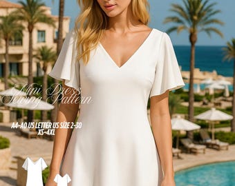 Mini Dress Sewing Pattern: V-Neck Flutter Sleeve, XS-4XL (PDF Pattern)