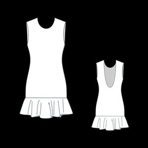 May include: Two white sleeveless dresses with a ruffled hem are displayed against a black background. One dress has a scoop neckline, while the other has a rounded neckline. The dresses are simple in design, with a fitted bodice and a flared skirt.
