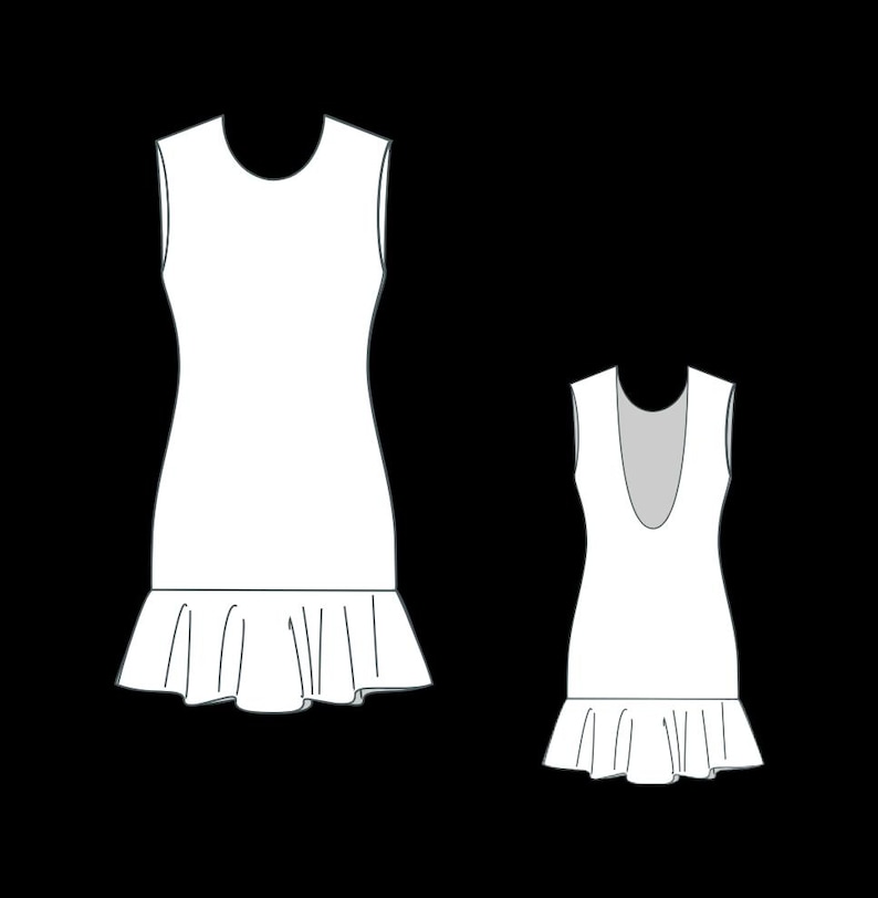 May include: Two white sleeveless dresses with a ruffled hem are displayed against a black background. One dress has a scoop neckline, while the other has a rounded neckline. The dresses are simple in design, with a fitted bodice and a flared skirt.