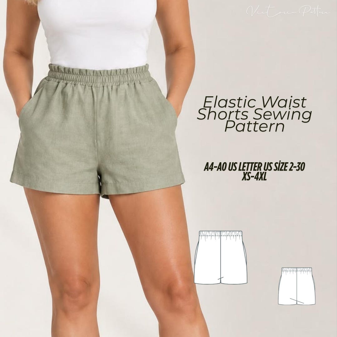 Elastic Waist Shorts Sewing Pattern, High Rise Pull-on, Pocketed (PDF