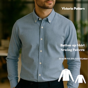 May include: A light blue button-up shirt sewing pattern. The image shows a man wearing the shirt. The text on the image says "Victoria Pattern", "Button-up Shirt Sewing Pattern", and "35 to 56 XS-4XL A4 US Letter".