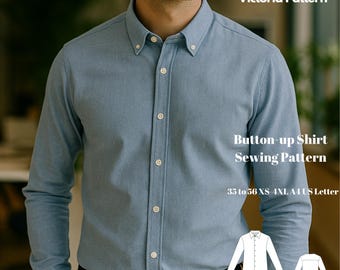 Men's Button-Up Shirt Sewing Pattern: Classic Long Sleeve Design (PDF Pattern, Size 35-56/XS-5XL