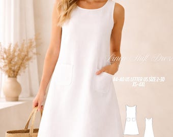 Linen Shift Dress Sewing Pattern, Sleeveless A-Line Mini, V Back, Pockets (Digital Download)