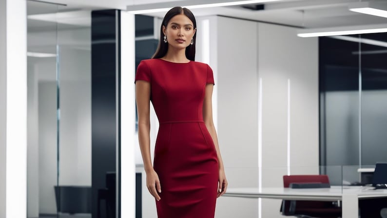 May include: A woman wearing a knee-length, short-sleeved, red dress. The dress has a fitted silhouette with a round neckline and a defined waist. The background is a modern office setting with white walls and reflective glass.