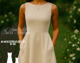 A-Line Midi Linen Dress Sewing Pattern: Sleeveless Boat Neck (XS-4XL) (Digital Download)