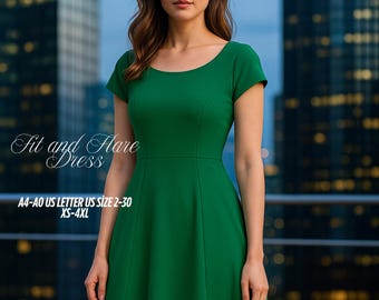 Fit and Flare Dress Sewing Pattern: Elegant A-Line, Cap Sleeve (XS-4XL) (Digital Download)