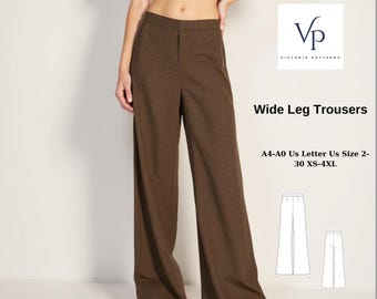 May include: A sewing pattern for wide leg trousers. The pattern includes sizes XS-4XL and is available in A4-A0 and UK Letter sizes. The pattern is shown on a model wearing brown checked trousers.