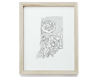 Indiana + Peony - Minimal State Flower Drawing - Digital Art Download Poster