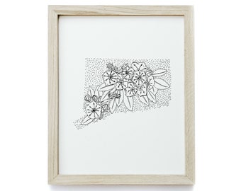 Connecticut + Mountain Laurel - Minimal State Flower Drawing - Digital Art Download Poster