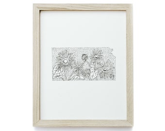 Kansas + Wild Sunflower - Minimal State Flower Drawing - Digital Art Download Poster