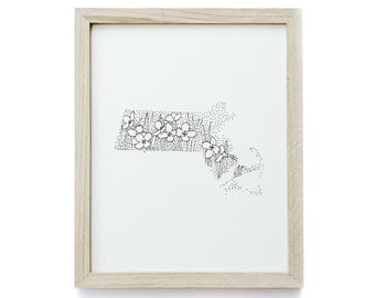 Massachusetts + Mayflower - Minimal State Flower Drawing - Digital Art Download Poster
