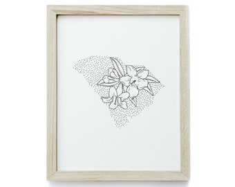 South Carolina + Yellow Jessamine - Minimal State Flower Drawing - Digital Art Download Poster