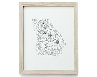 Georgia + Cherokee Rose - Minimal State Flower Drawing - Digital Art Download Poster