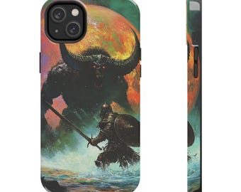 Puede incluir: Una funda para teléfono con una ilustración de fantasía de un demonio cornudo y un guerrero con una espada. El demonio es de color verde oscuro y rojo, y el guerrero lleva armadura y sostiene una espada. El fondo es una nebulosa de colores que gira.