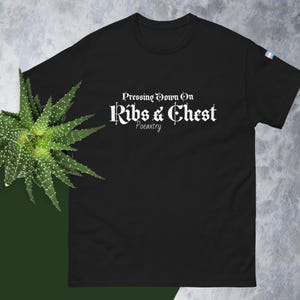 Puede incluir: Camiseta negra con el texto "Pressing Down On Ribs & Chest Poeaxtry" en fuente gótica. Una pequeña bandera transgénero es visible en la manga. Una planta suculenta verde está en el fondo.