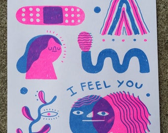 Self Care, Band Aid, Pink, Blue, Plant, Risograph Print
