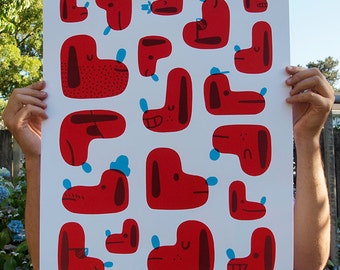 Red Dogs Screen Print, red, blue, poster